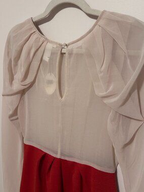 Vintage-style midi dress w/ shoulder draping - Color: Cream/Burnt-Red, Size: S